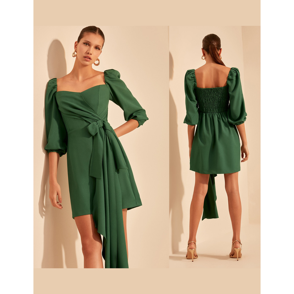 Ave Rara Womens Sheath Dress Size Green 40 Puff Sleeve Bow Waist Cocktail Party